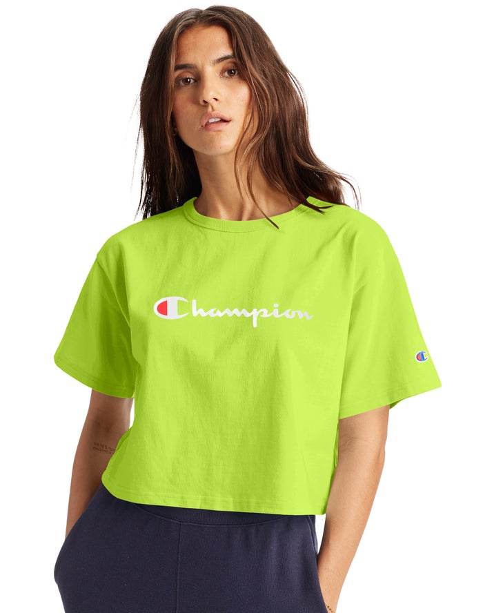 Champion Heritage Cropped Script Logo Kadın Tişört Yeşil ( YDZLWE063 )